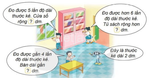 BÀI 57 THỰC HÀNH VÀ TRẢI NGHIỆM ĐO ĐỘ DÀII.HOẠT ĐỘNG 1Câu 1: Làm thước dây.Chuẩn bị một dải dây dài hơn 3 m.Dùng thước 1 m. Từ đầu dây, cứ 1 m em hãy vạch một vạch đỏ.Dùng thước kẻ có vạch chia đề-xi-mét. Từ đầu dây, cứ 1 dm em hãy vạch một vạch xanh (trừ chỗ đã có vạch đỏ).Đáp án chuẩn:Các em tiến hành làm theo hướng dẫn để hoàn thành làm thước dây.Câu 2: Em hãy ước lượng độ dài của một số đồ vật trong lớp theo yêu cầu, rồi dùng thước dây đã làm đo lại. Sau đó ghi kết quả vào phiếu thực hành.Đáp án chuẩn:Phần đo bằng thước các em tự đo trong phòng lớp học rồi điền vào bảng.Câu 3: Số? Đáp án chuẩn:Cổng trường em rộng khoảng 5 m.Tòa nhà em học cao khoảng 40 m.     b) Các em tự đo trong phòng lớp học rồi điền vào kết quả.II.HOẠT ĐỘNG 2