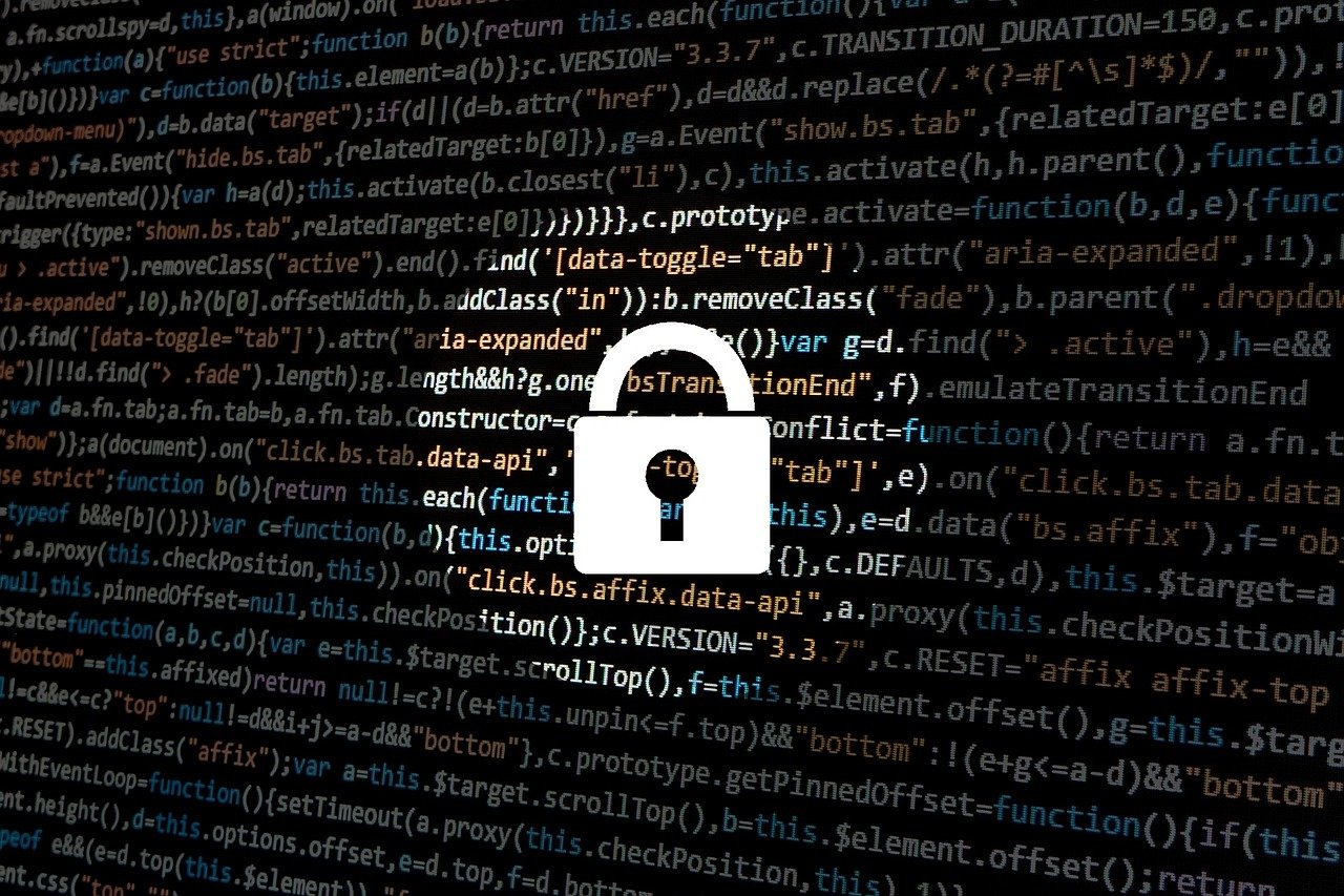 A padlock icon overlaid on the background of the code.