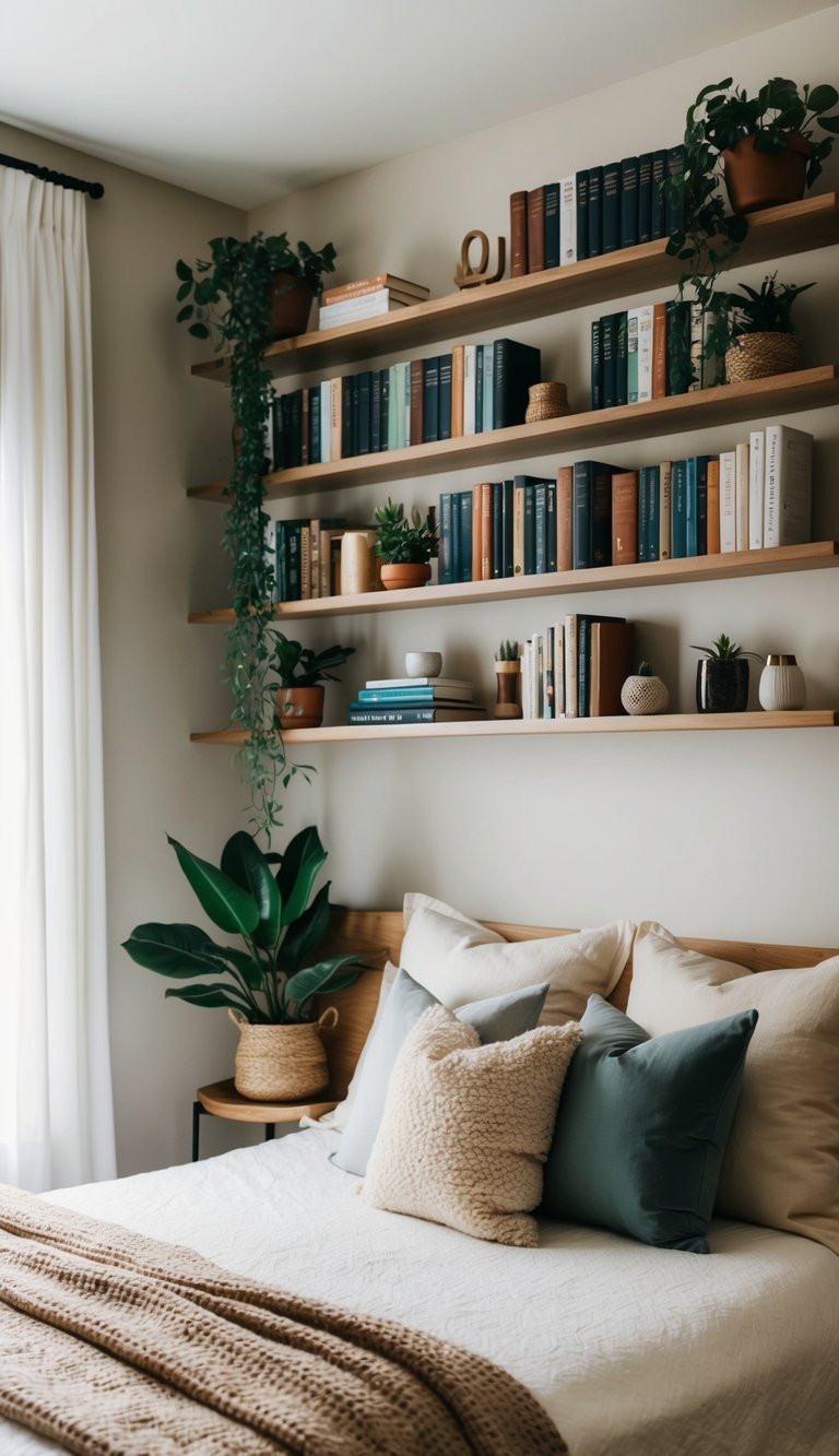 A cozy guest bedroom with wall-mounted bookshelves filled with books, plants, and decorative items. A comfortable bed with soft pillows and a warm throw blanket