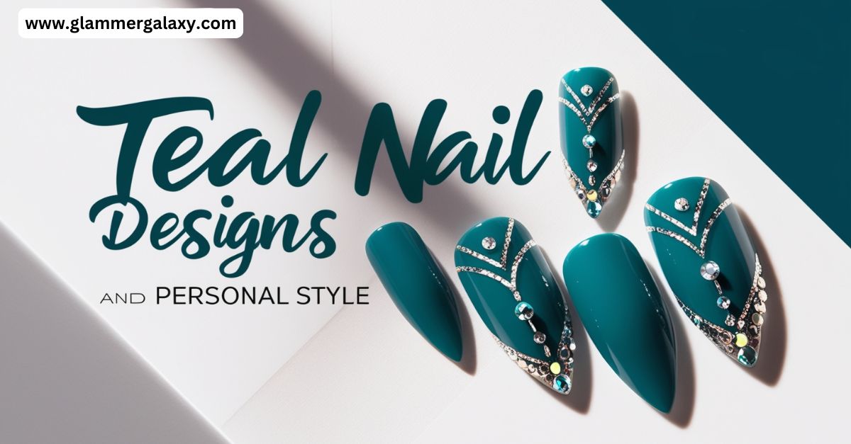 Teal nail designs with rhinestones on white surface