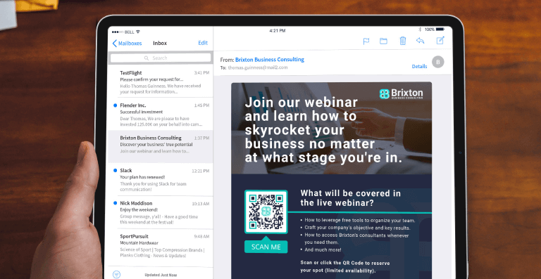 A QR Code in an email helps recipients understand what topics will be discussed in an upcoming seminar