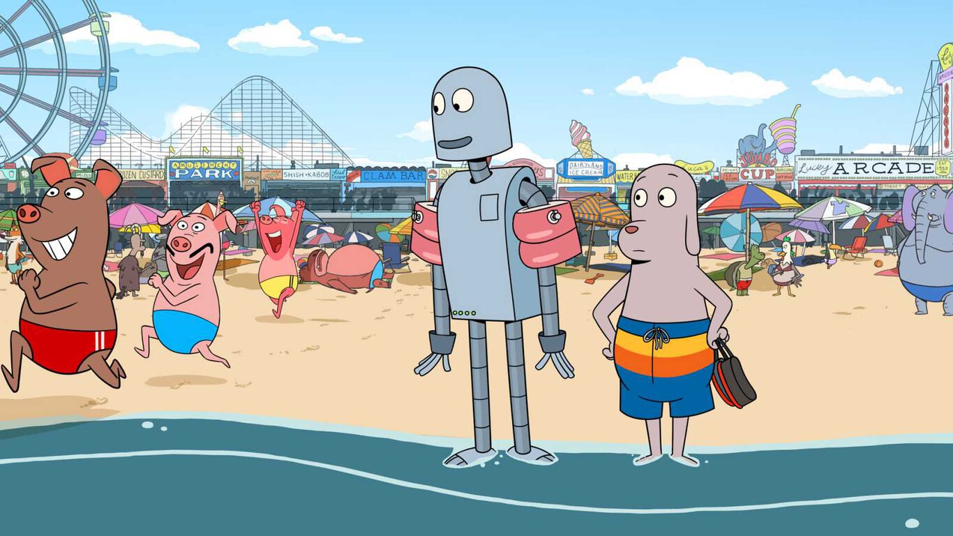 Ilustración de personajes animados en la playa, incluyendo un robot con flotadores y un perro con traje de baño, rodeados de otros personajes en un parque de diversiones.