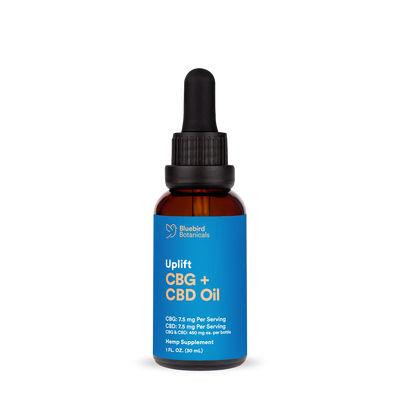 Bluebird Botanicals Uplift CBG + CBD oil bottle with citrus flavor for balanced energy and focus