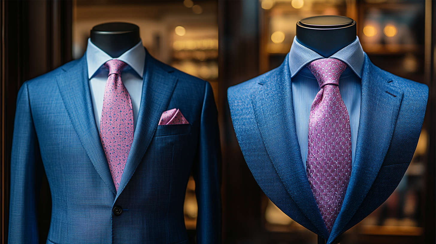 On the left side a mannequin, dressed in a royal blue suit with a pink tie. On the right side, a mannequin bust displaying only the pink tie. The background is minimalistic and elegant, with soft lighting emphasizing the fabric details and luxurious appeal.