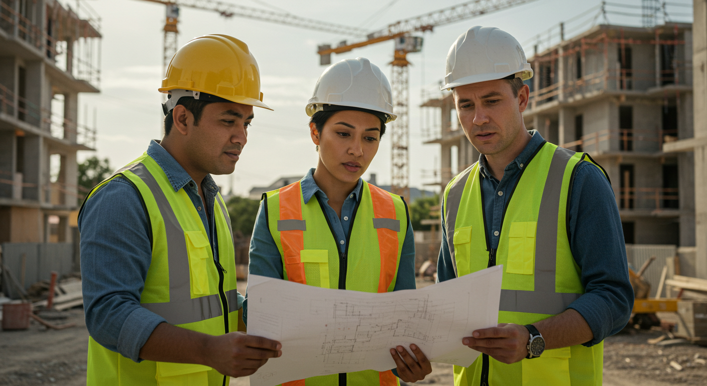 Group of Texas subcontractors discussing payment and mechanic's lien rights on-site.
