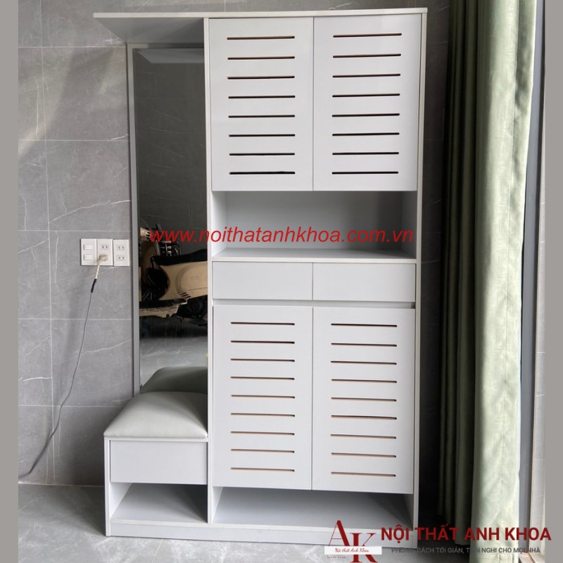 Tủ Giày Kết Hợp Ghế Ngồi Màu Xám Nhạt Gỗ MDF Bền Đẹp