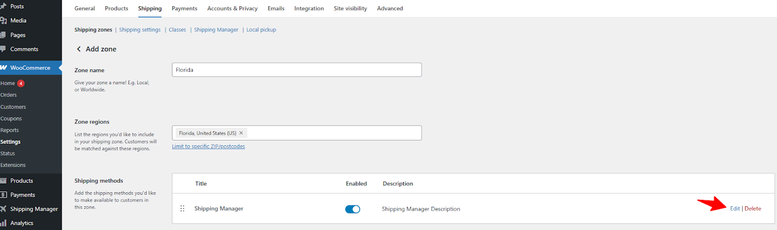 Click edit on the shipping method 