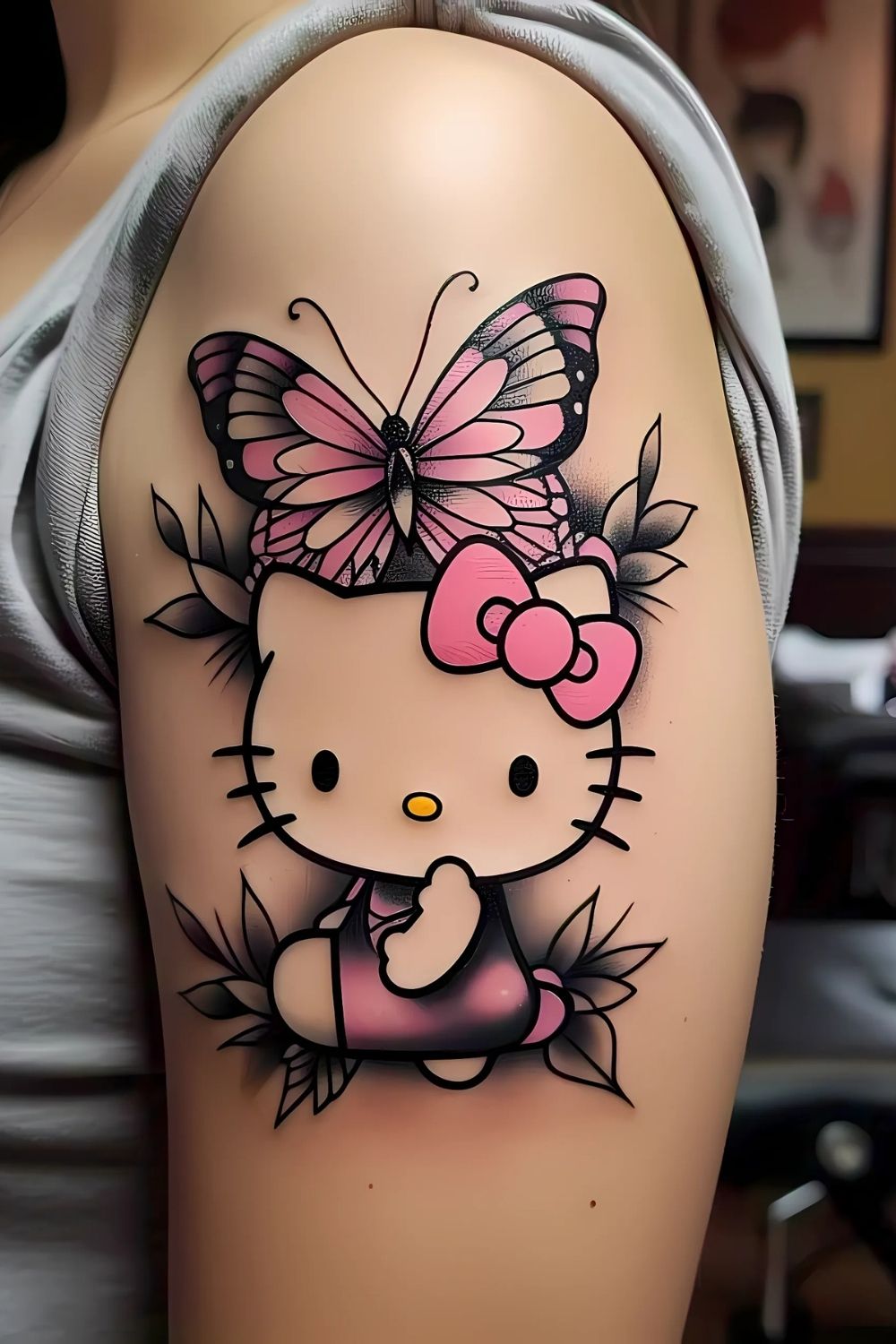 Elegant Hello Kitty and Butterfly Tattoo