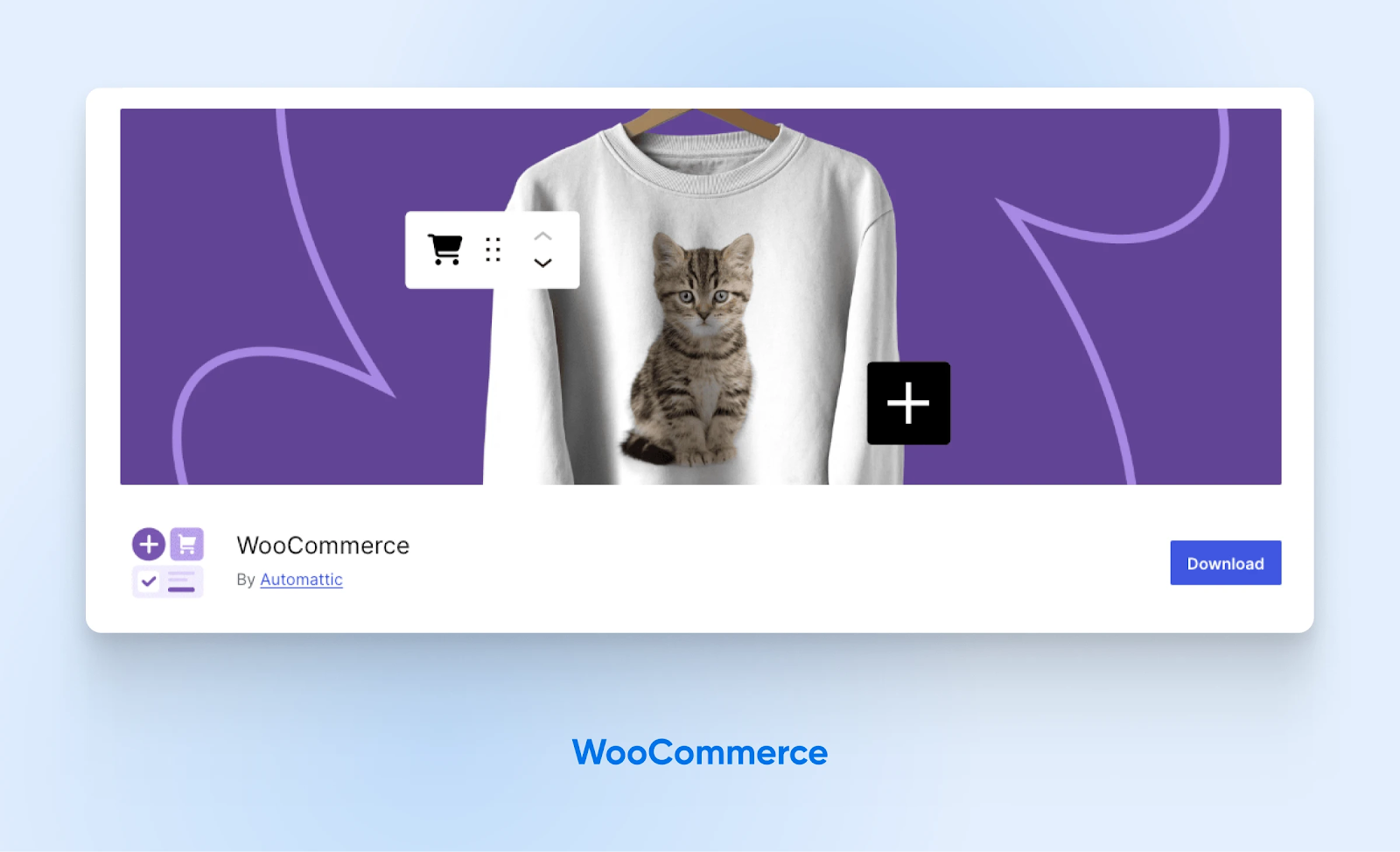 La página de descarga automática de WooCommerce tiene una imagen de sudadera con gatito y un botón para agregar al carrito.