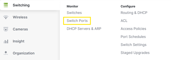 The Switching > Monitor > Switch Ports navigation menu is shown in the dashboard