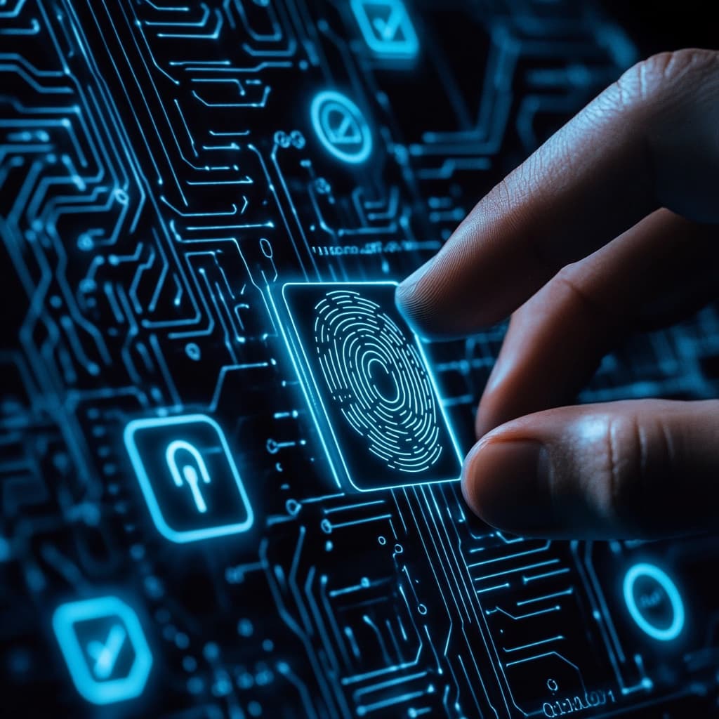 A futuristic close-up of a hand using biometric authentication