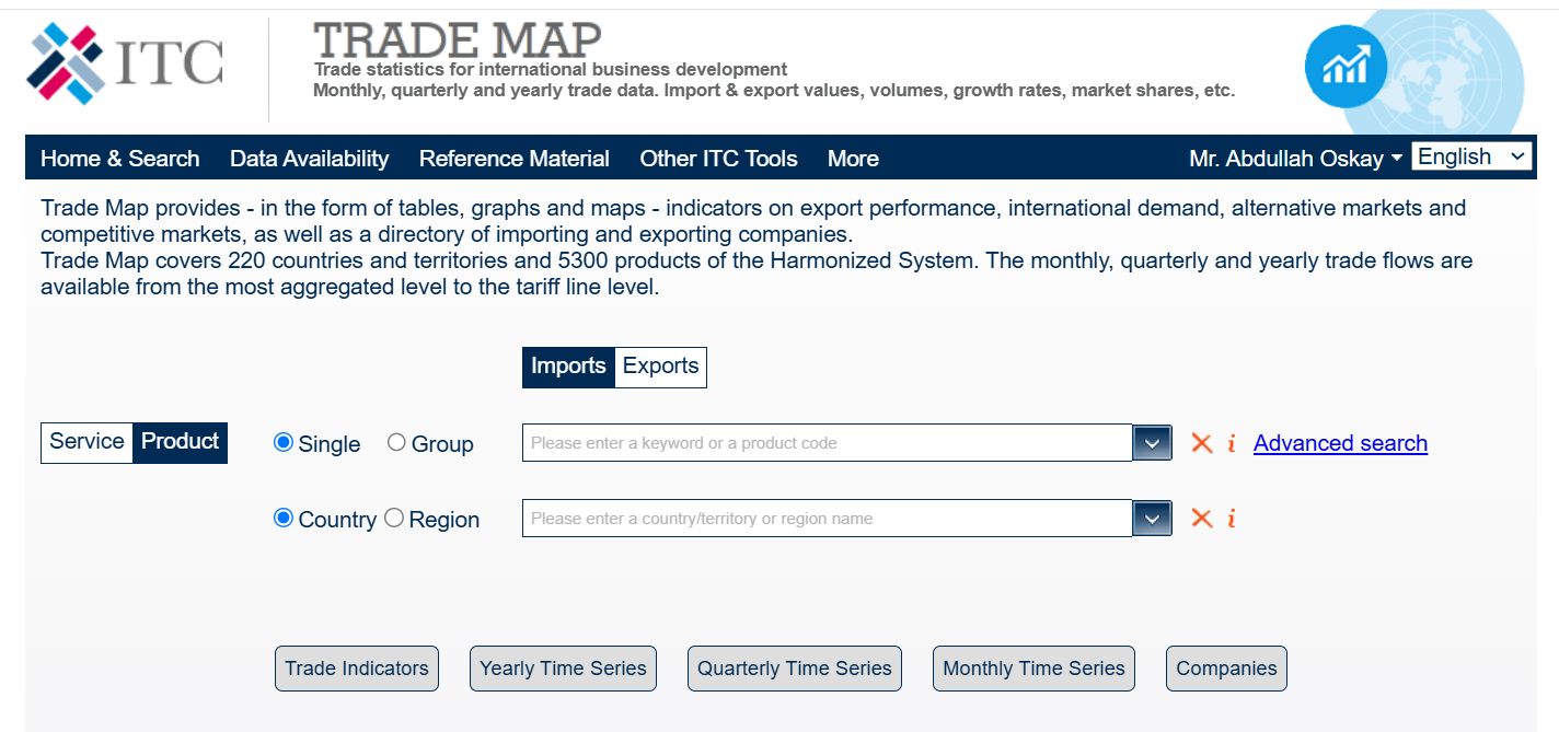 Trade Map platformunun ithalat ve ihracat arayüzü. Ülke ve ürün bazlı aramalar yapılabilen ekran, ticaret göstergeleri ve zaman serisi analizlerine erişim seçenekleri sunuyor.