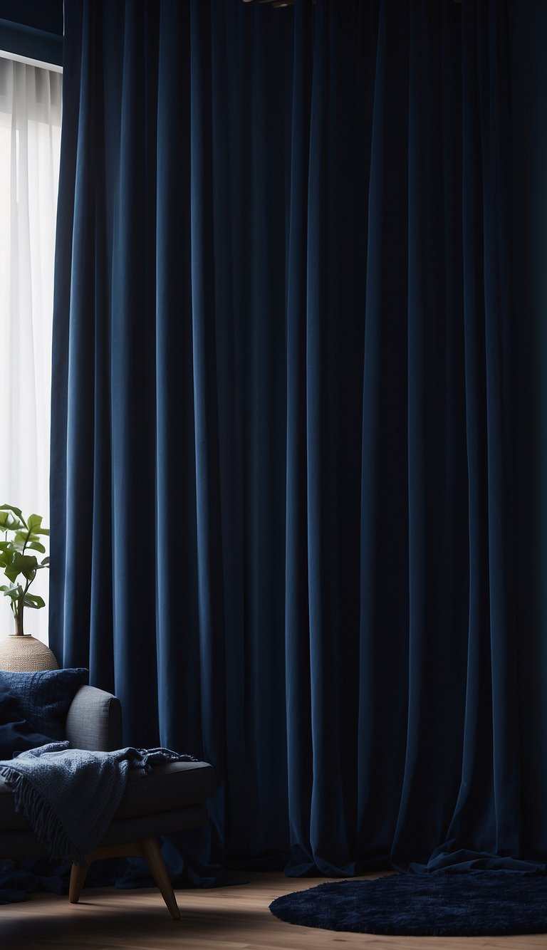 Dark blue curtains hang in a cozy bedroom, creating a serene and calming atmosphere. The deep hue adds a sense of sophistication and elegance to the space