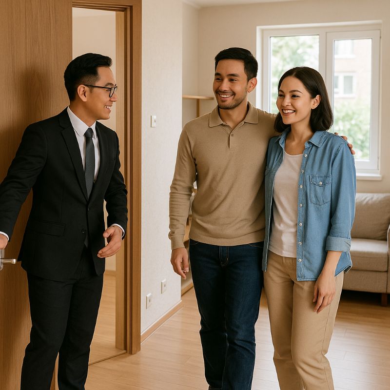 Môi giới nhà đất dẫn khách tham quan căn hộ đã bàn giao