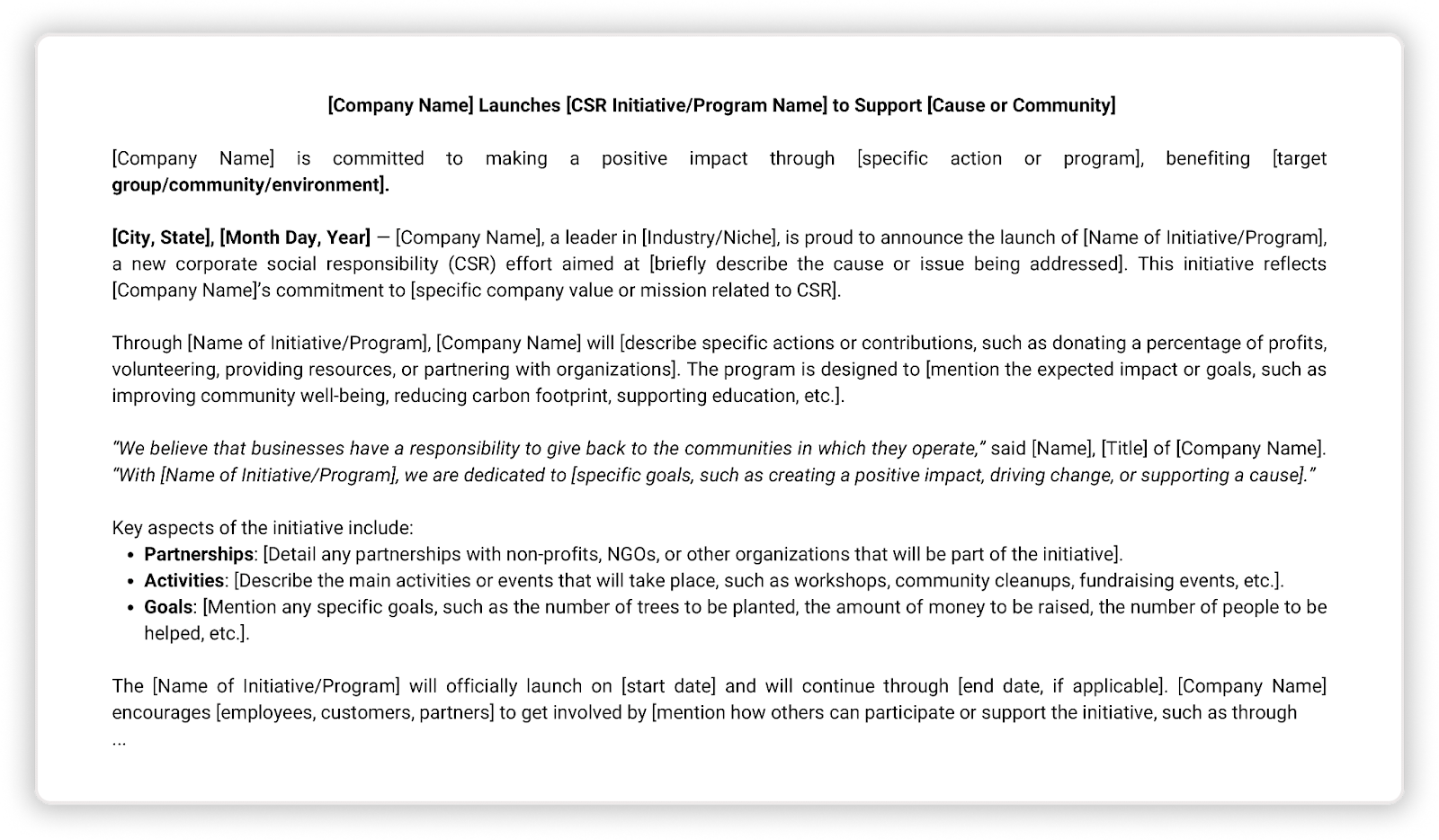 Screenshot of Corporate Social Responsibility (CSR) press release template