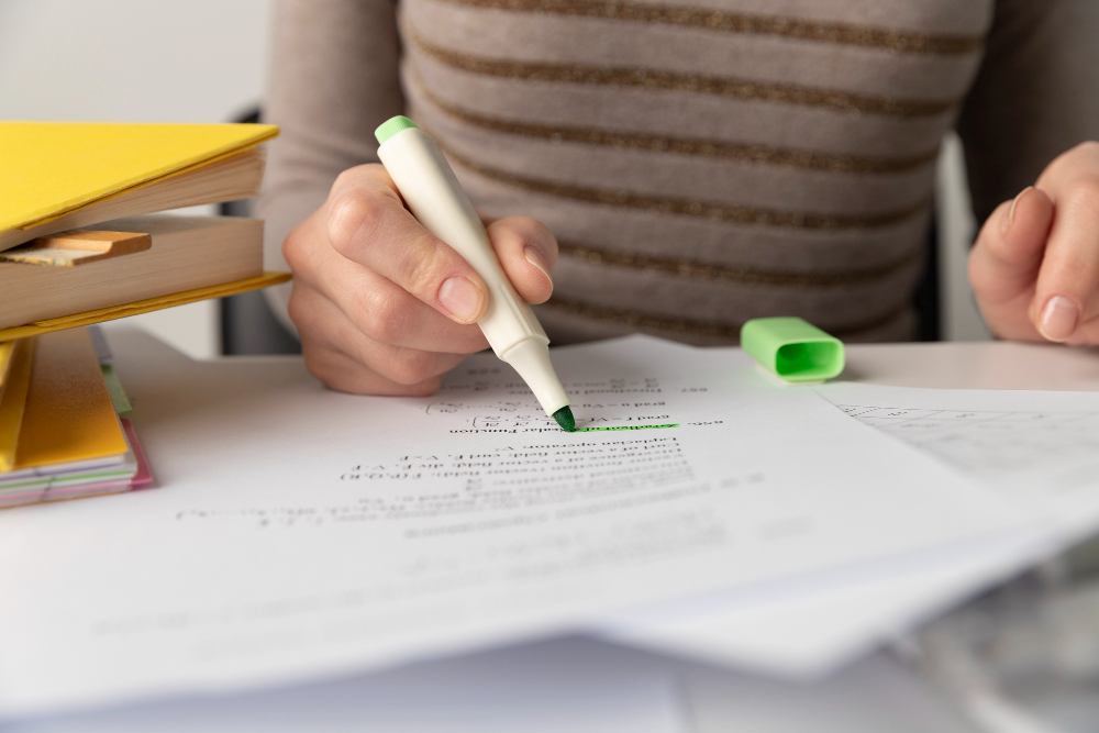 A person in a striped sweater uses a green highlighter on a document at their desk, preparing for GATE Architecture 2024. Nearby are stacks of yellow books and papers, brimming with study tips for this crash course in architecture essentials.