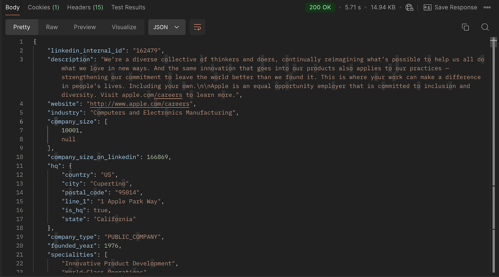 Output from Proxycurl's Company Profile Endpoint