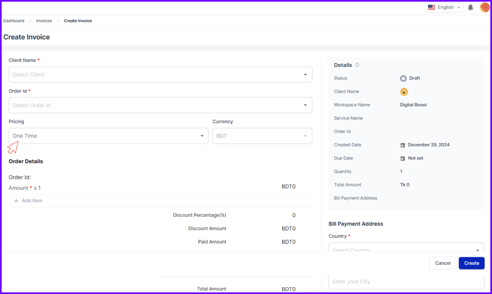 Create Invoice-Set Up Payment