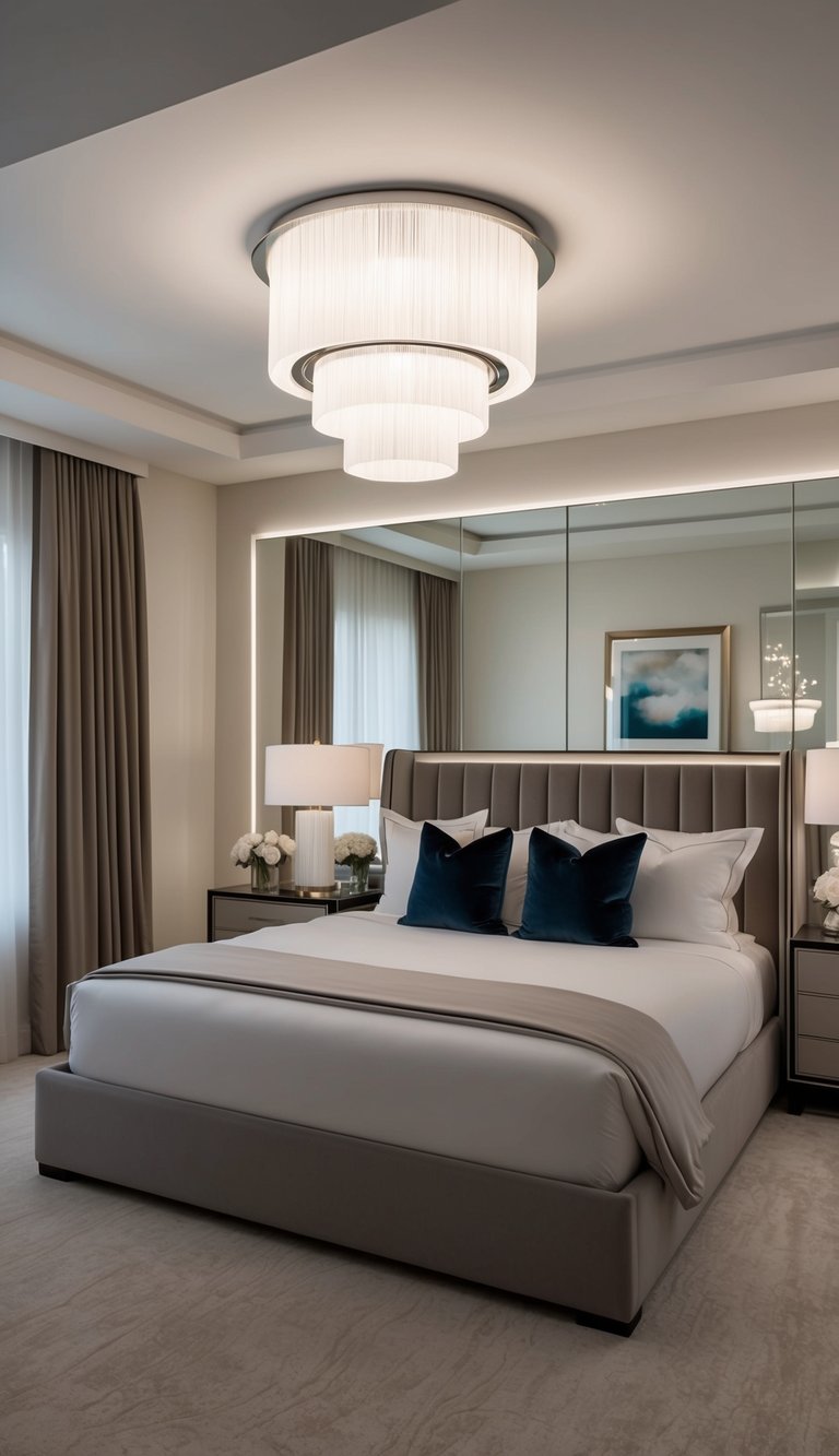 A sleek, modern statement light fixture illuminates a sophisticated and elegant bedroom with grown woman vibes