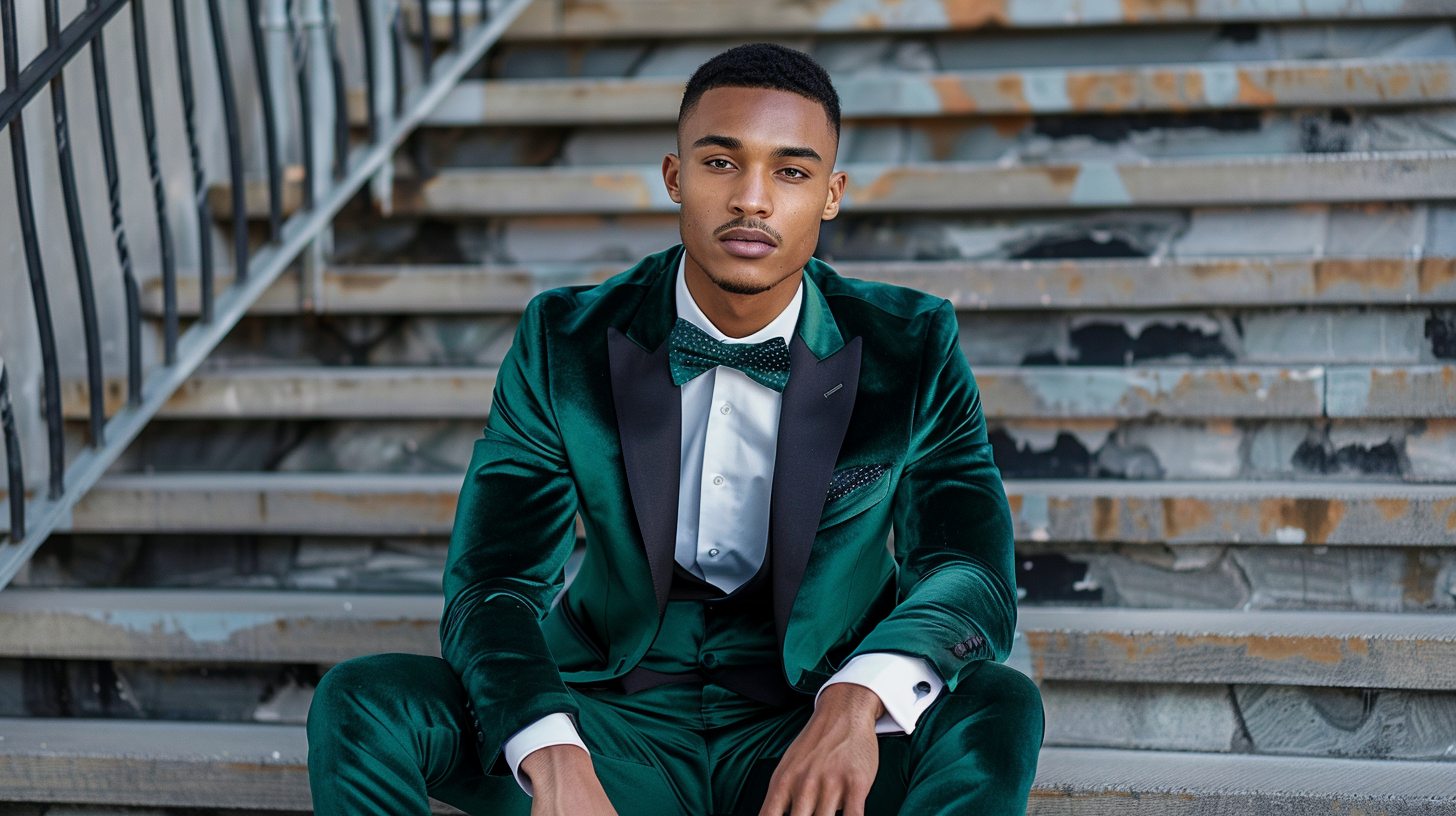 Stylish man in an emerald green suit (velvet, satin, or slim-fit wool), paired with a crisp shirt (white or black), matching or contrast bow tie or tie, clean shoes, confident pose at prom venue, fashion-forward and youthful prom outfit that turns heads