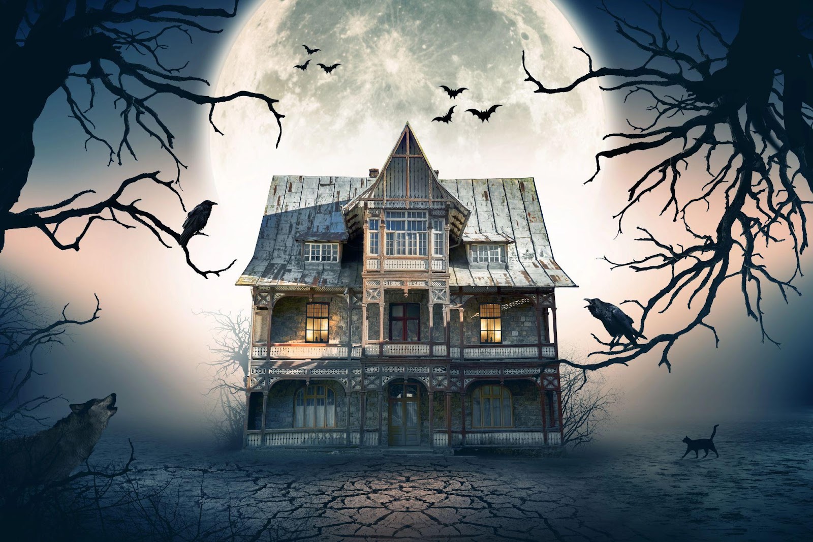 Haunted house with crows and spooky atmosphere