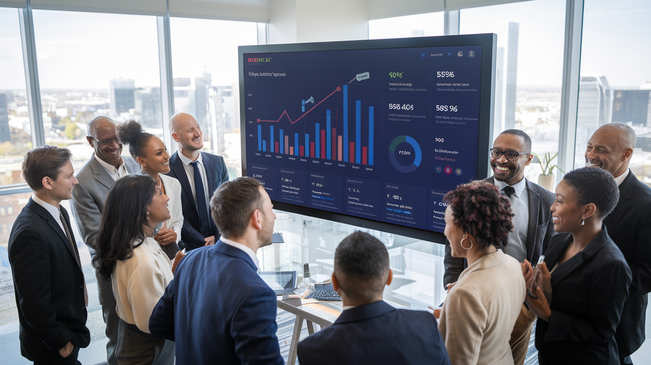 Create a realistic image of a diverse group of business professionals gathered around a large computer screen displaying a modern website, with graphs and charts showing increased revenue and customer engagement visible on the screen, set in a bright, modern office space with cityscape visible through large windows, conveying success and growth.