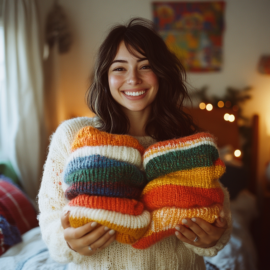 A woman holding sweaters | Source: Midjourney