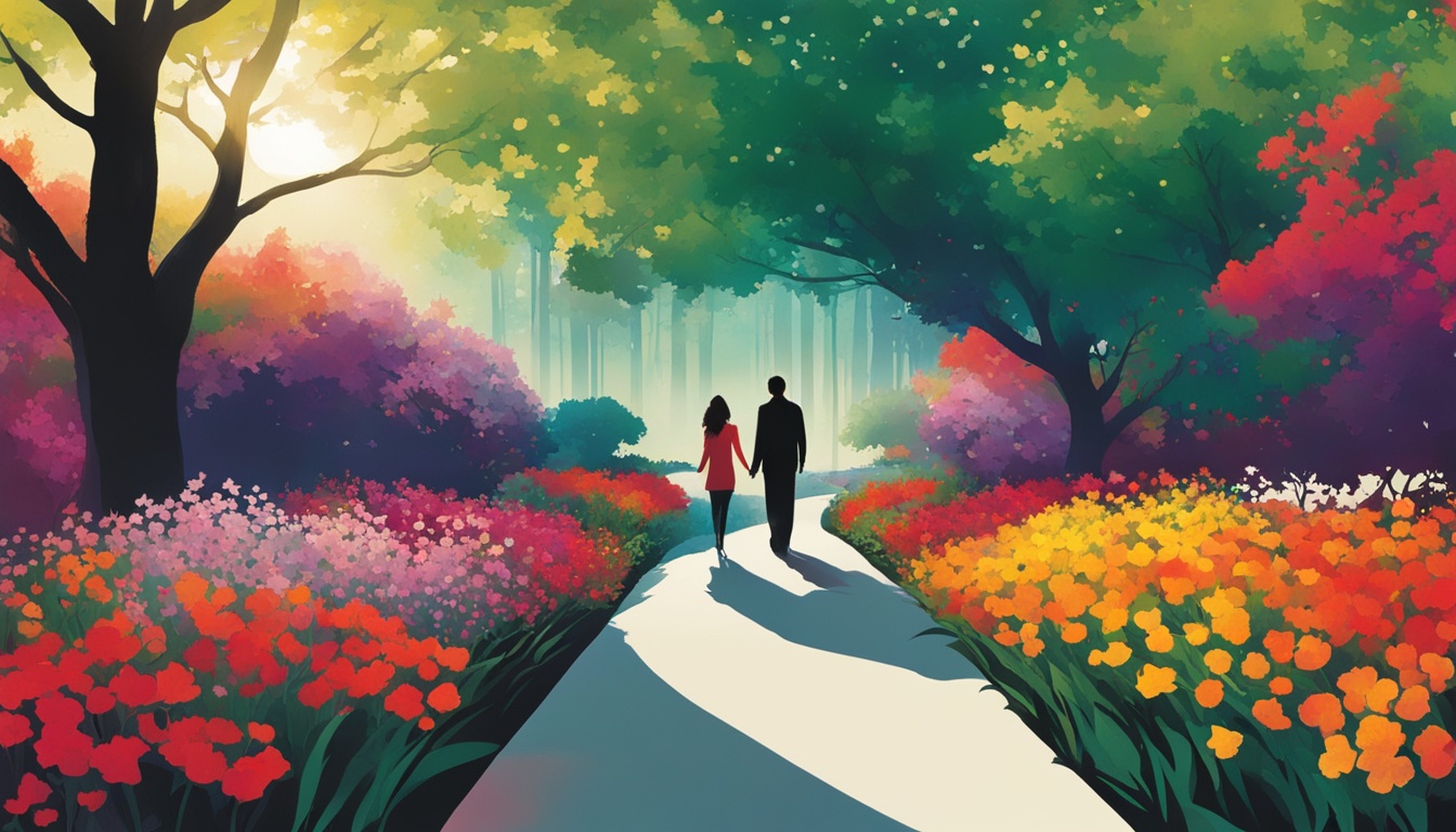 A vibrant garden with a path leading to a glowing light at the end. A couple's silhouette is walking hand in hand along the path, surrounded by blooming flowers and lush greenery. The woman's eyes are closed, while the man gazes lovingly at her. Above them, the words "Patience" and "Trust" float in a cloud-like formation.