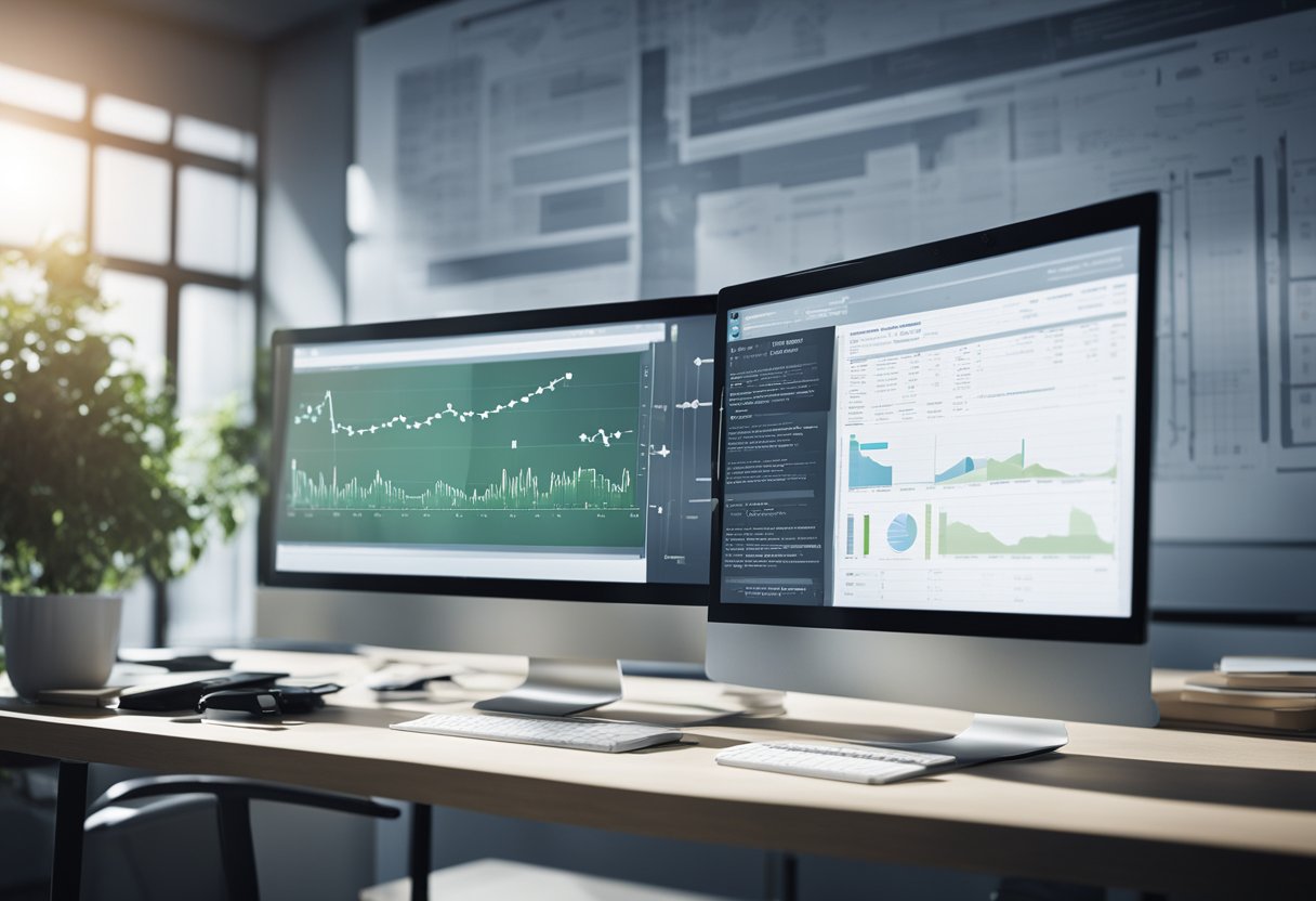 A computer screen displays a detailed link building framework. A whiteboard in the background has diagrams and flowcharts. An open notebook and pen sit on a desk