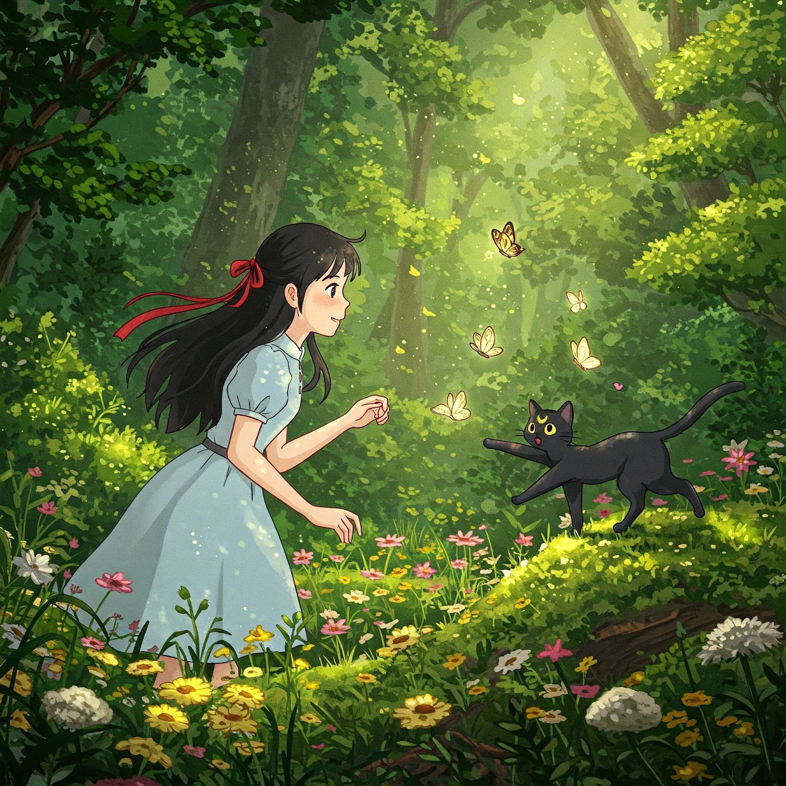 Studio Ghibli-style in a mossy green forest setting