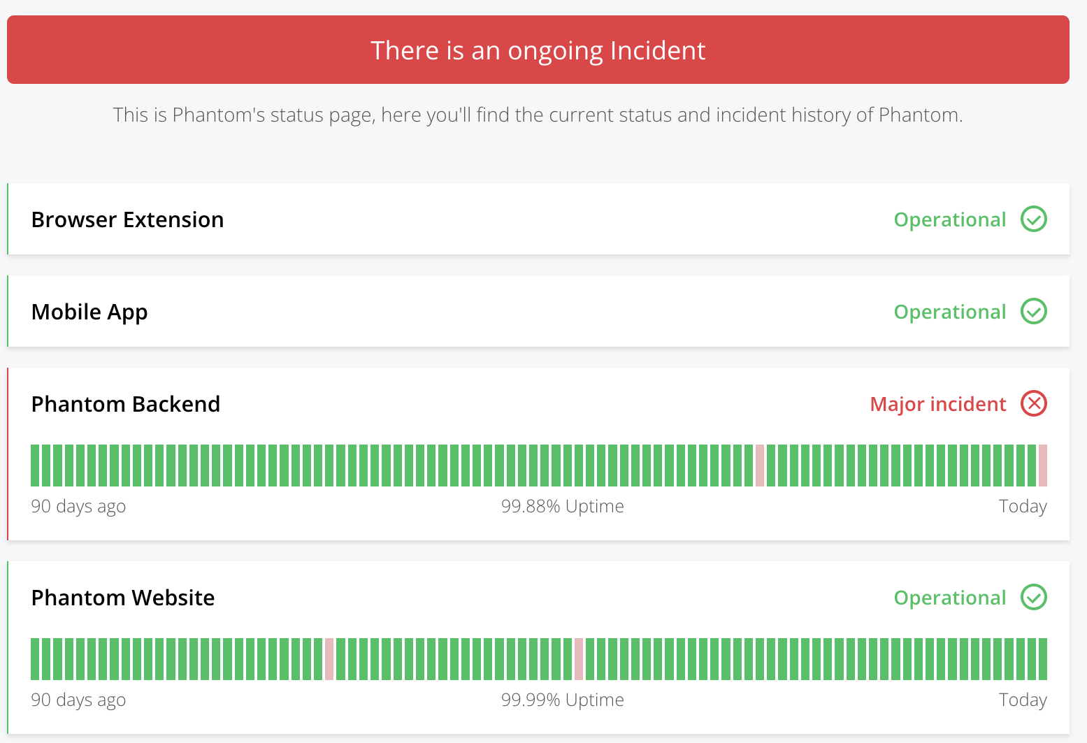 Phantom Wallet status page showing backend events. 