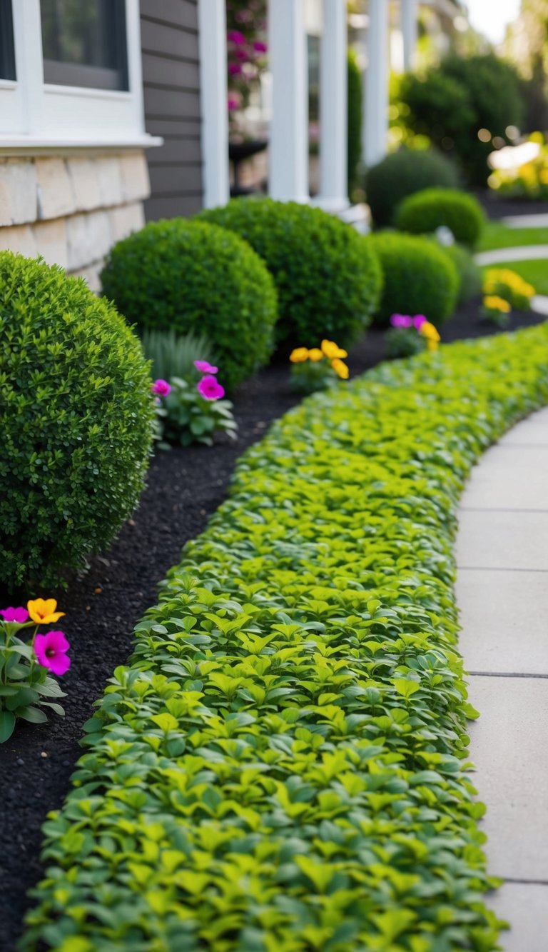 Lush green creeping groundcover blankets the base of the house, with pops of colorful flowers peeking through. A pathway winds through the landscape, bordered by neatly trimmed shrubs and small decorative elements