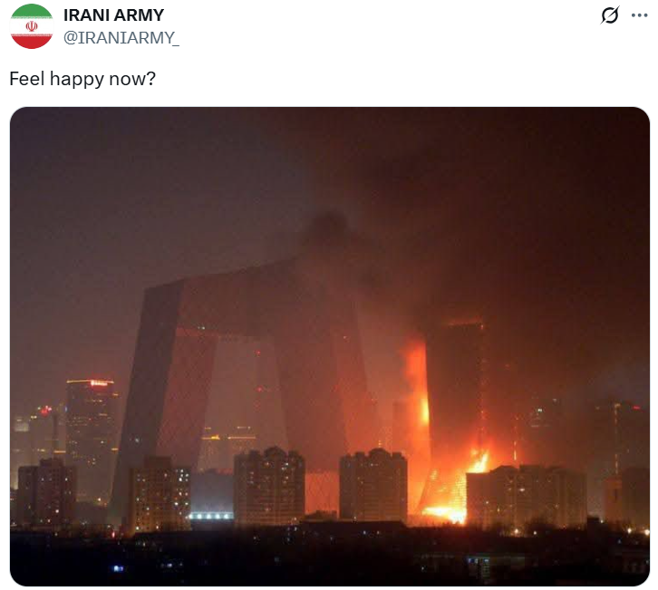  A massive blaze engulfing a building in Israel following the attack by Iran.