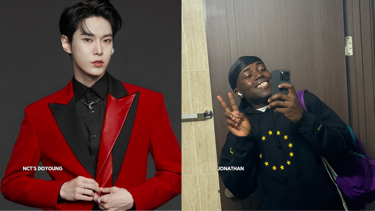 A picture of DOYOUNG wearing a red suit, and on the other side is a picture of Jonathan talking a selfie 