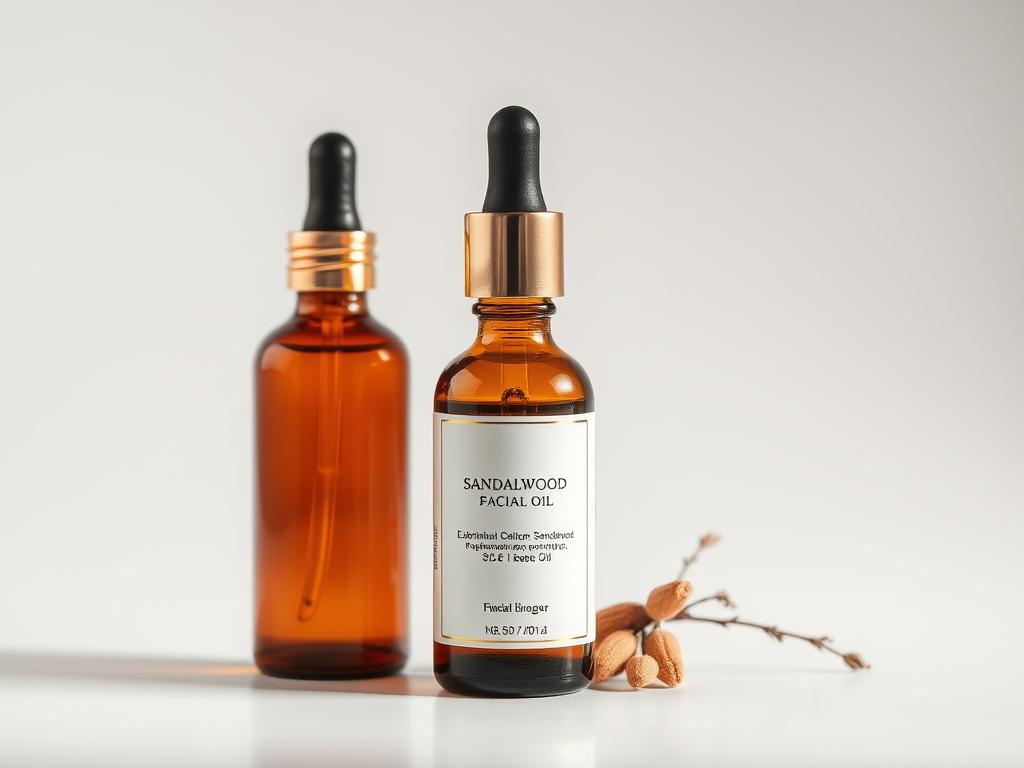 Sandalwood facial oil in elegant glass bottle