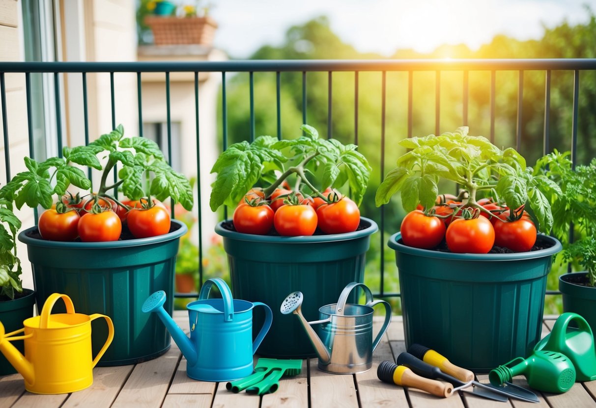 A sunny balcony with several large containers filled with healthy tomato plants, surrounded by gardening tools and watering cans