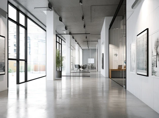 A large, modern, commercial hallway with large windows and glass office walls.