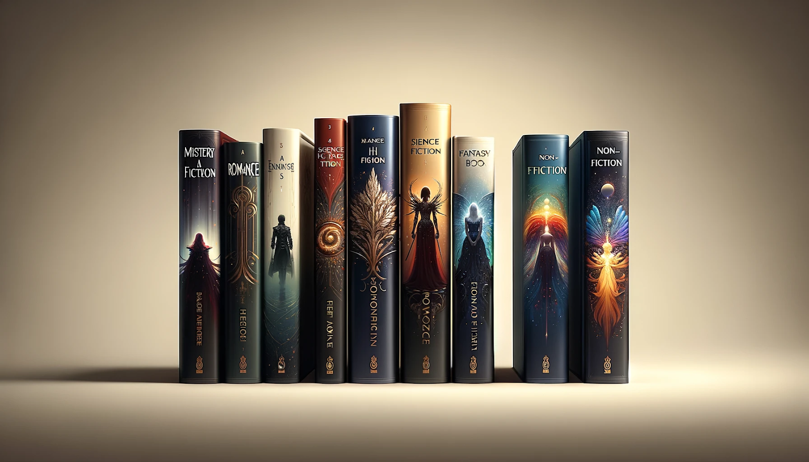 A row of fantasy and science fiction book spines with elegant, mystical artwork.