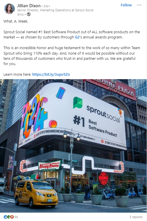 A social media post announcing Sprout Social as the best software product through G2's annual awards program.