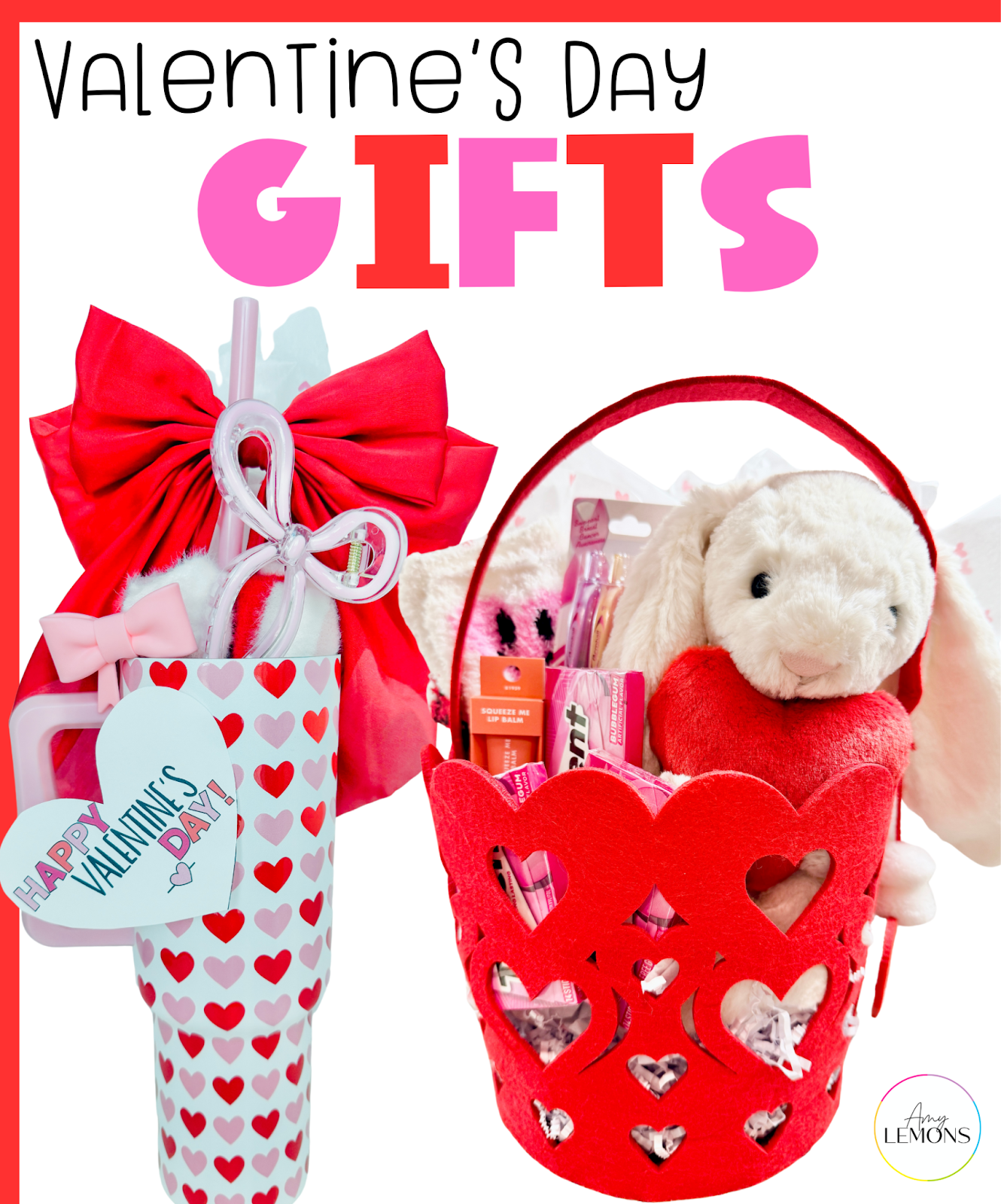 Valentine's day gifts for kids and adult with a cup filled with gifts and a heart basket with toys and other treats.