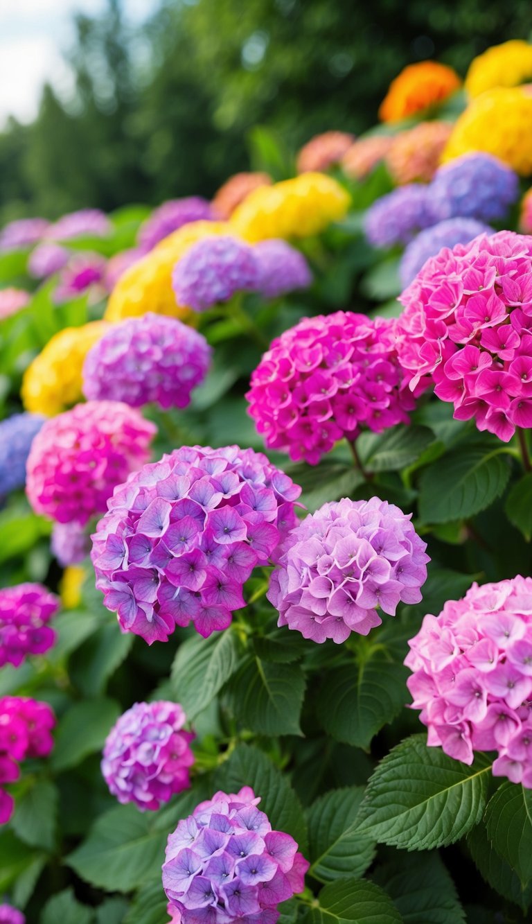 A vibrant burst of rainbow hydrangeas fills the landscape, creating a stunning display of color and beauty