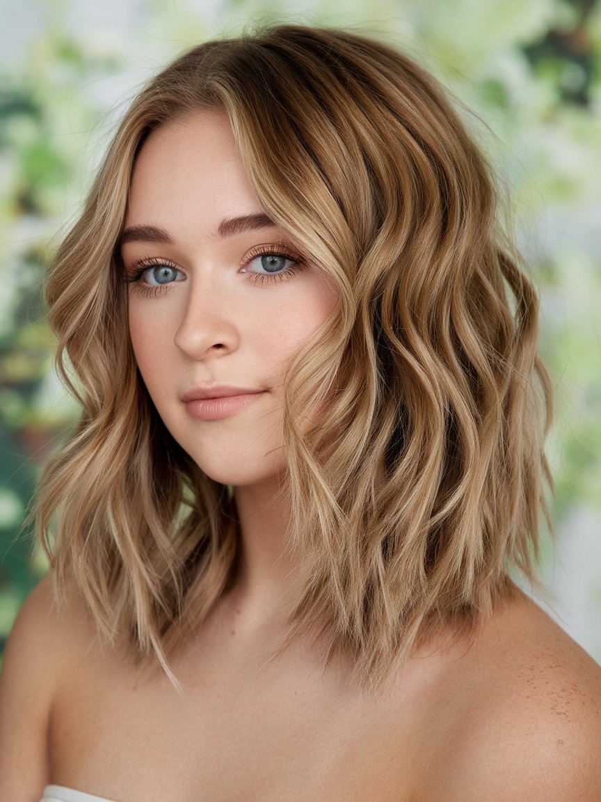 10. Feathered Honey Blonde Lob with Layered Highlights