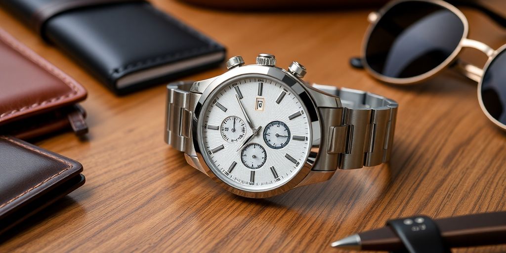 Elegant watch with accessories on a wooden table.