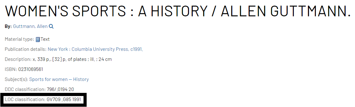 screenshot of a detailed catalog record showing the ebook: Women's Sports with the LOC Classification number highlighted.