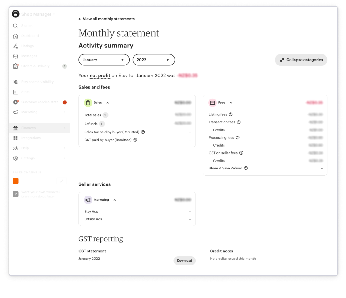 A screenshot of a Etsy Monthly Statement Activity Summary