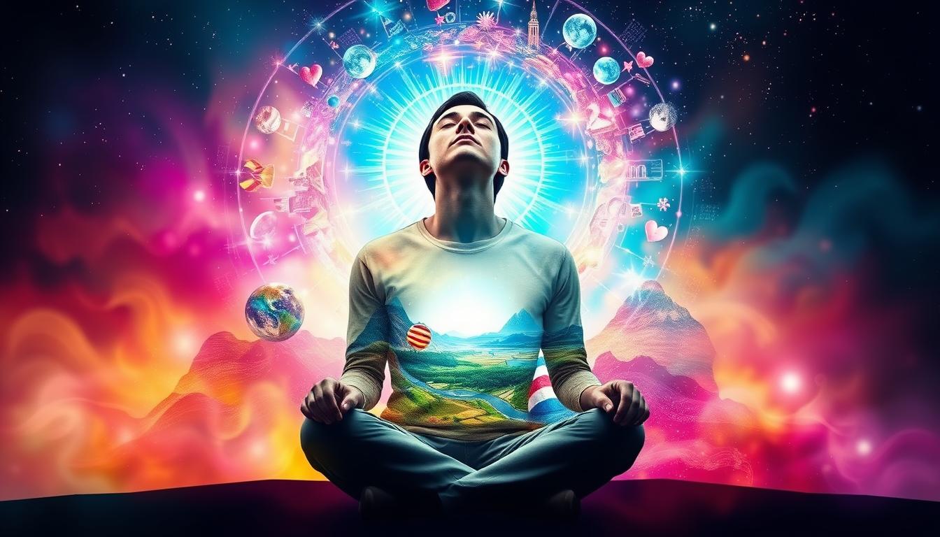 A person sitting with their eyes closed, surrounded by a bright and colorful aura of positive energy, while visualizing their dream life with clarity and focus. The visualization is depicted as a vibrant and dynamic landscape filled with all the elements that represent their ideal life - success, happiness, love, and abundance. The person appears to be completely immersed in this visualization, as if they are living it in real-time. The overall mood of the image should be hopeful, optimistic, and inspiring.