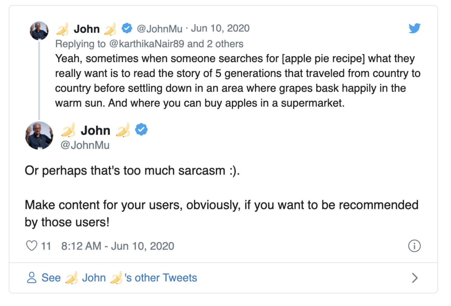 Dos tweets de @johnmu sobre la búsqueda de recetas online