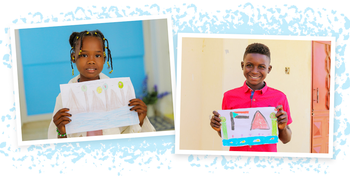 Photo collage of children with their drawings