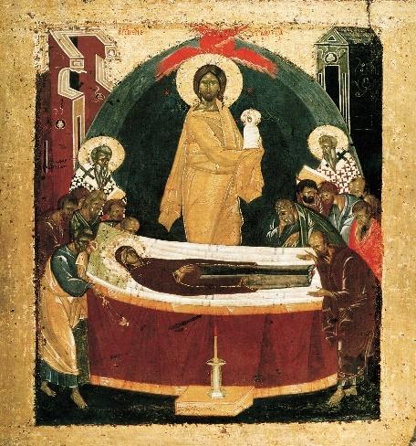 A painting of a person in a coffin

Description automatically generated