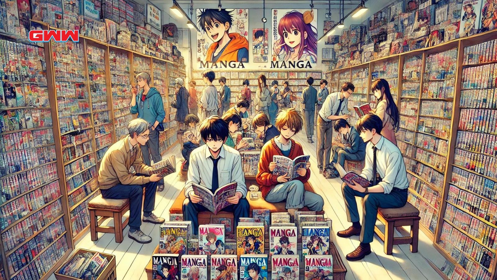 A wide background image depicting the continued popularity of manga